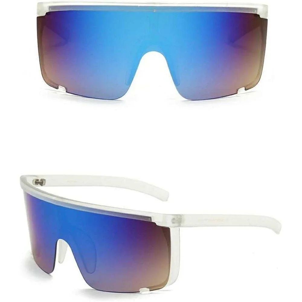 Mens Oversized Shield Sunglasses Blue Mirror Lens Clear Frame Visor‎ Performance